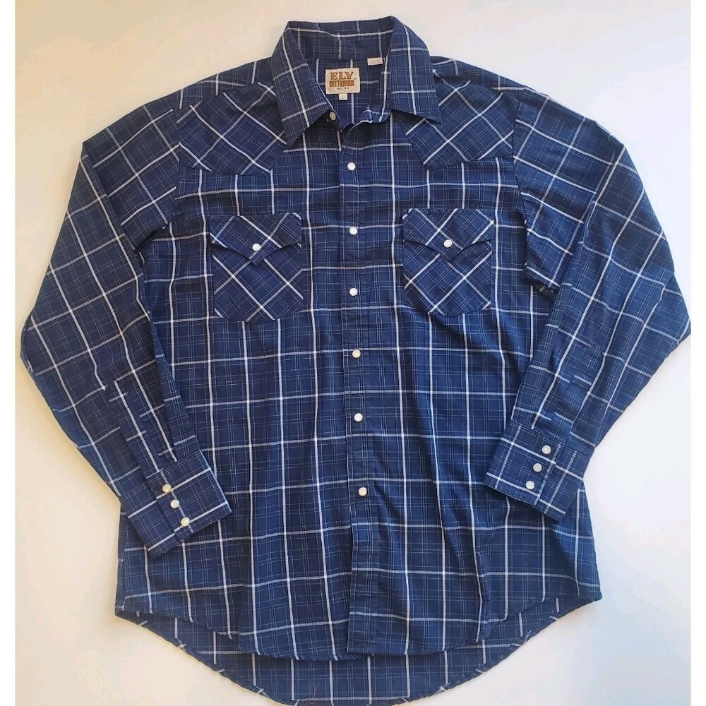 Ely Cattleman Shirt Men's Large Pearl Snap Western Button-Up Navy White Plaid